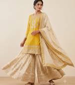 Festive wear mustard yellow straight kurti with sequence work sharara & dupatta 3-piece set