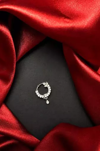 silver cz bridal nath nose ring  indian nose pin with dangle charm