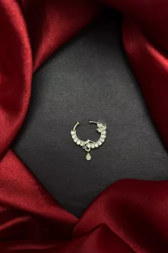 silver cz bridal nath nose ring  indian nose pin with dangle charm