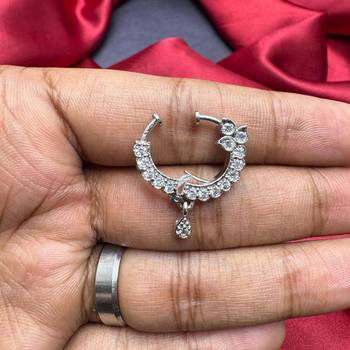 silver cz bridal nath nose ring  indian nose pin with dangle charm 3