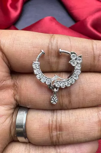 silver cz bridal nath nose ring  indian nose pin with dangle charm