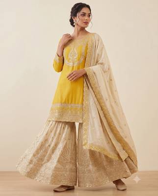 Festive wear mustard yellow straight kurti with sequence work sharara & dupatta 3-piece set 2