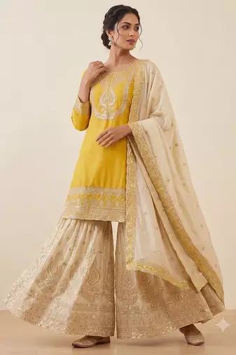 Festive wear mustard yellow straight kurti with sequence work sharara & dupatta 3-piece set