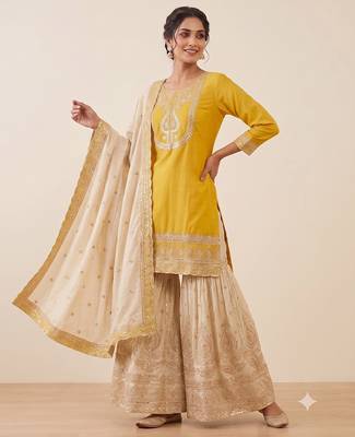 Festive wear mustard yellow straight kurti with sequence work sharara & dupatta 3-piece set 3