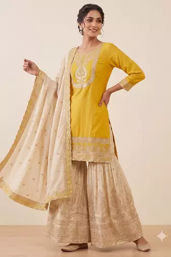 Festive wear mustard yellow straight kurti with sequence work sharara & dupatta 3-piece set