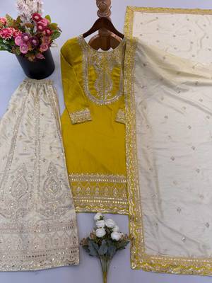Festive wear mustard yellow straight kurti with sequence work sharara & dupatta 3-piece set 4