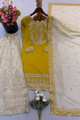 Festive wear mustard yellow straight kurti with sequence work sharara & dupatta 3-piece set
