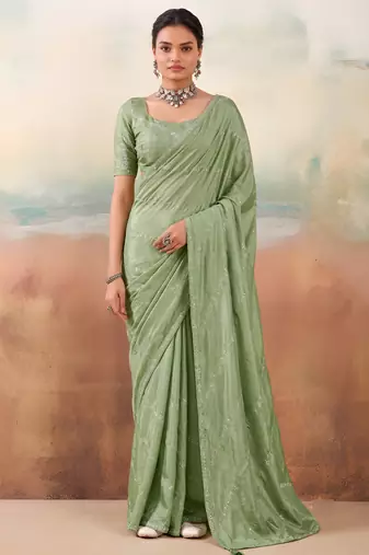Green solid poly chiffon ethnic saree
