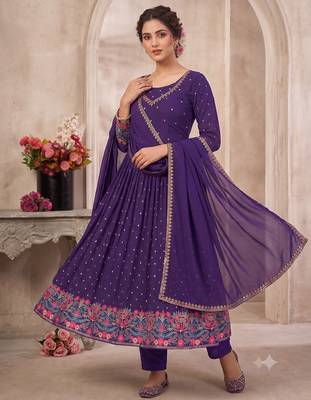 Purple heavy embroidered flared anarkali suit set with pant & dupatta 1