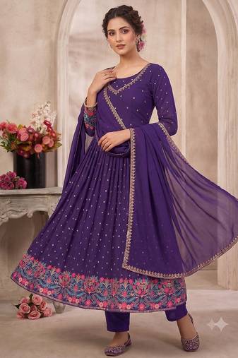 Purple heavy embroidered flared anarkali suit set with pant & dupatta