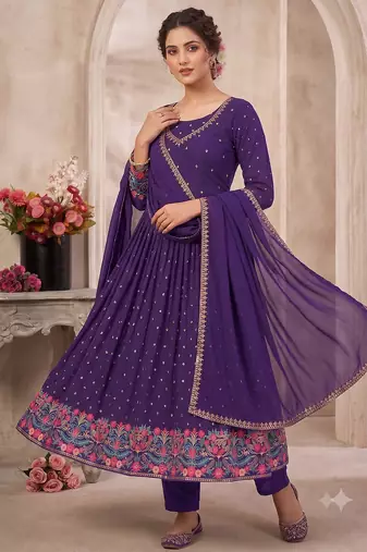 Purple heavy embroidered flared anarkali suit set with pant & dupatta