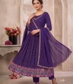 Purple heavy embroidered flared anarkali suit set with pant & dupatta