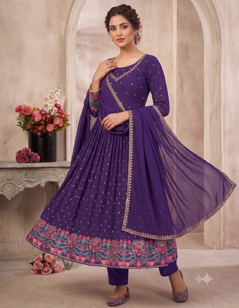 Purple heavy embroidered flared anarkali suit set with pant & dupatta