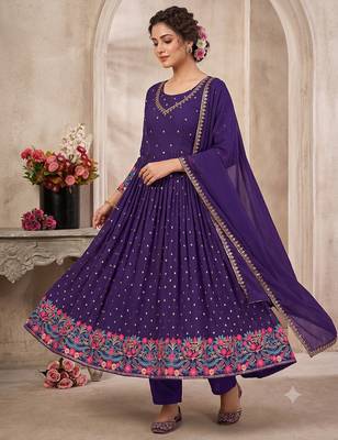Purple heavy embroidered flared anarkali suit set with pant & dupatta 2