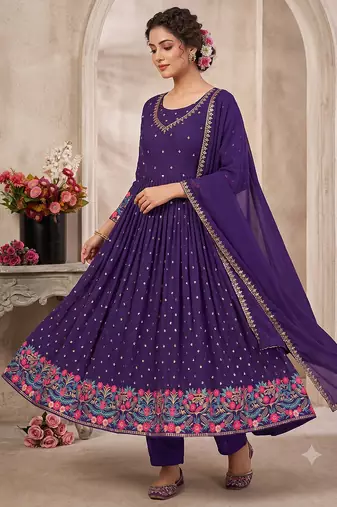 Purple heavy embroidered flared anarkali suit set with pant & dupatta
