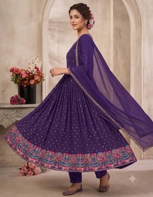 Purple heavy embroidered flared anarkali suit set with pant & dupatta 3