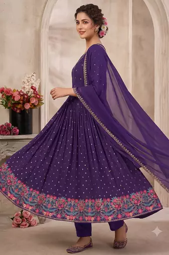 Purple heavy embroidered flared anarkali suit set with pant & dupatta