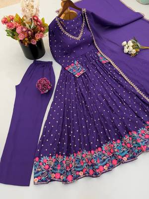 Purple heavy embroidered flared anarkali suit set with pant & dupatta 4