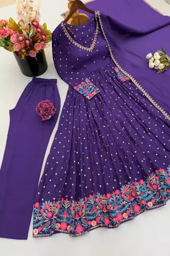 Purple heavy embroidered flared anarkali suit set with pant & dupatta
