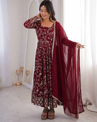Maroon floral embroidered anarkali kurti pant set with dupatta 1