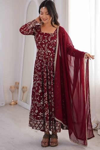 Maroon floral embroidered anarkali kurti pant set with dupatta