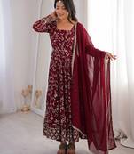 Maroon floral embroidered anarkali kurti pant set with dupatta
