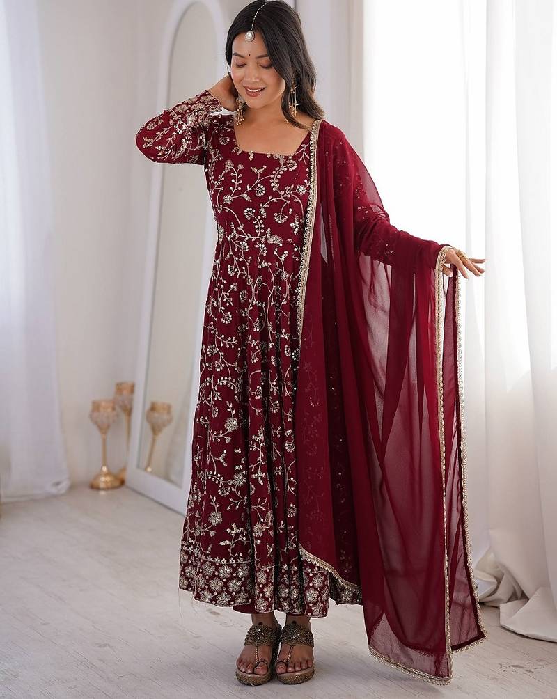 Maroon floral embroidered anarkali kurti pant set with dupatta