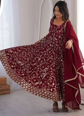 Maroon floral embroidered anarkali kurti pant set with dupatta 3