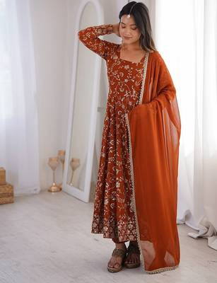Orange floral embroidered anarkali kurti pant set with dupatta 1
