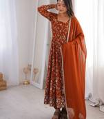 Orange floral embroidered anarkali kurti pant set with dupatta