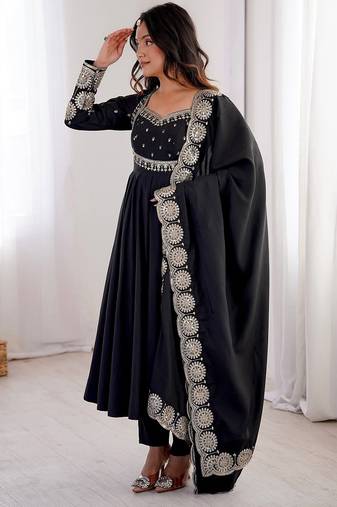 Black embroidered anarkali suit set with dupatta & pant