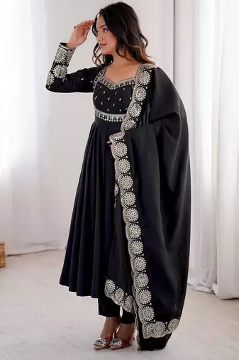 Black embroidered anarkali suit set with dupatta & pant