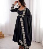 Black embroidered anarkali suit set with dupatta & pant