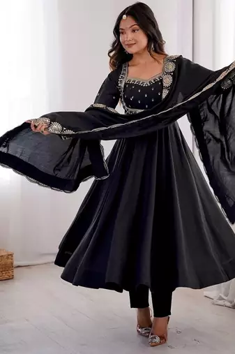 Black embroidered anarkali suit set with dupatta & pant