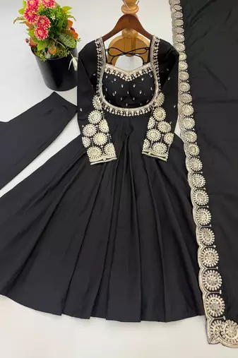 Black embroidered anarkali suit set with dupatta & pant