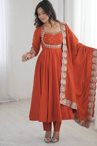 Orange embroidered anarkali suit set with dupatta & pant