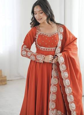 Orange embroidered anarkali suit set with dupatta & pant 2