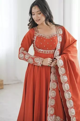 Orange embroidered anarkali suit set with dupatta & pant