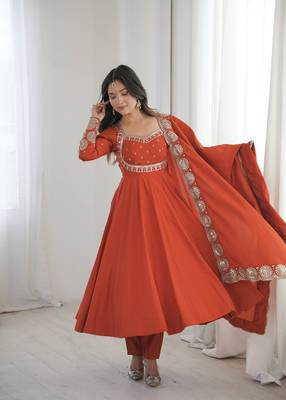 Orange embroidered anarkali suit set with dupatta & pant 3