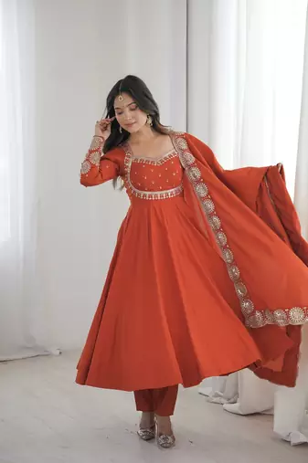 Orange embroidered anarkali suit set with dupatta & pant
