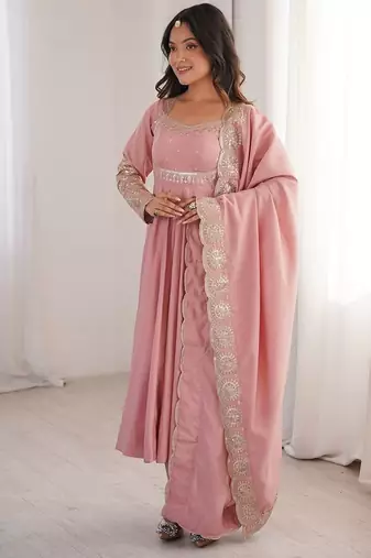 Pink embroidered anarkali suit set with dupatta & pant