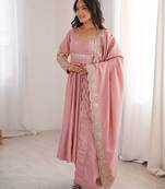 Pink embroidered anarkali suit set with dupatta & pant