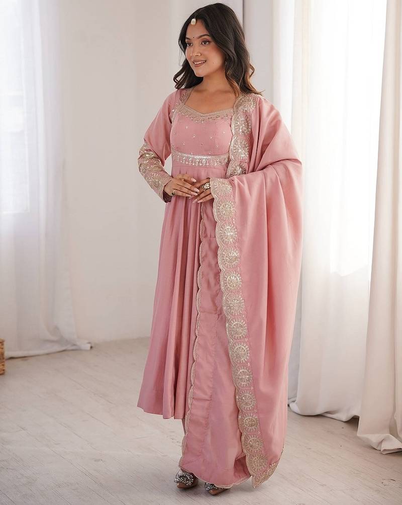 Pink embroidered anarkali suit set with dupatta & pant