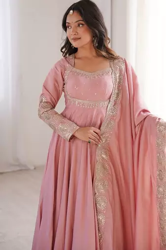Pink embroidered anarkali suit set with dupatta & pant