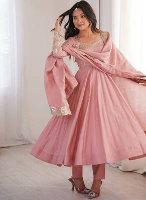 Pink embroidered anarkali suit set with dupatta & pant 3