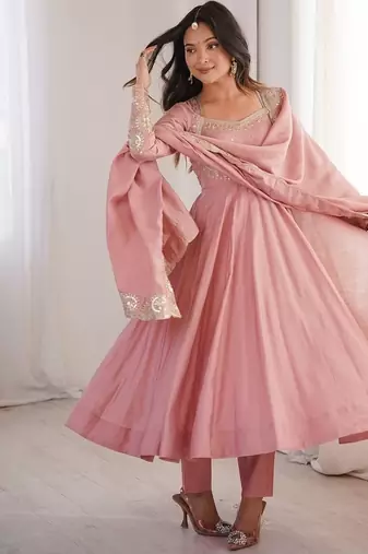 Pink embroidered anarkali suit set with dupatta & pant