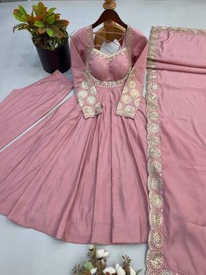Pink embroidered anarkali suit set with dupatta & pant 4