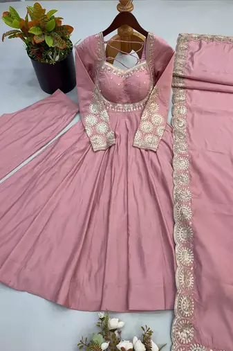 Pink embroidered anarkali suit set with dupatta & pant