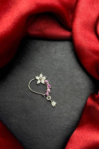 floral nath nose pin pink cz silver finish indian bridal jewelry