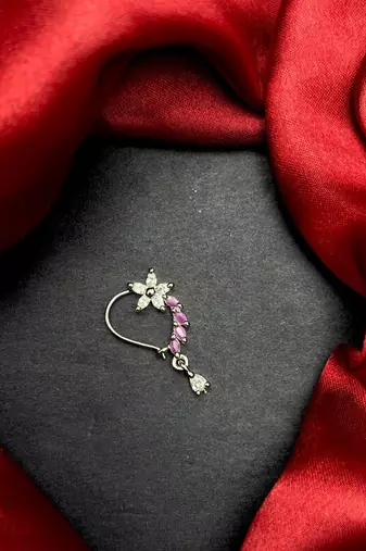 floral nath nose pin pink cz silver finish indian bridal jewelry